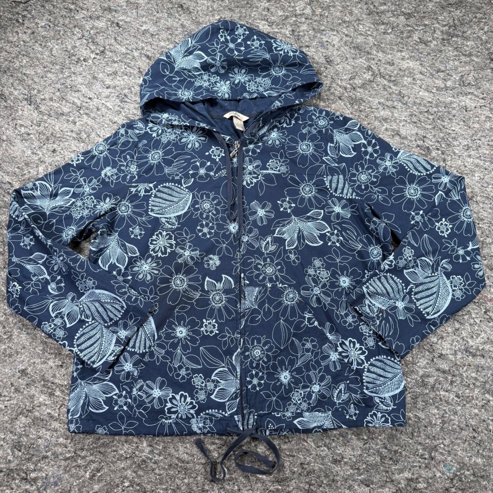 IB Diffusion Womens Navy Blue Floral Full Zip Hooded Cotton Jacket Size L